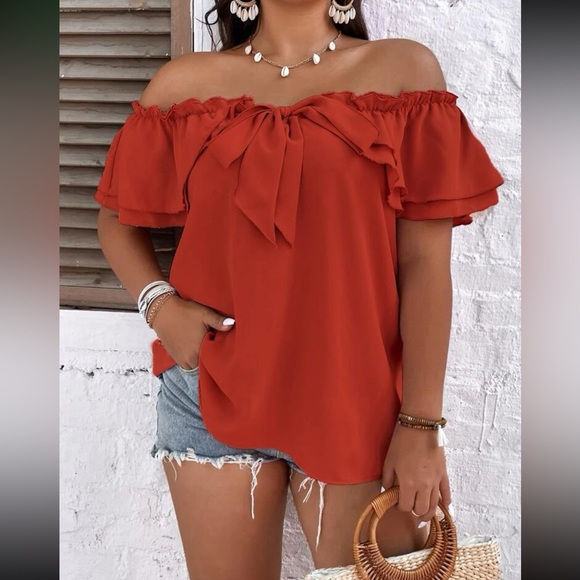 Luxe plus size black off shoulder tie front frill trim blouse - Picture 4 of 15